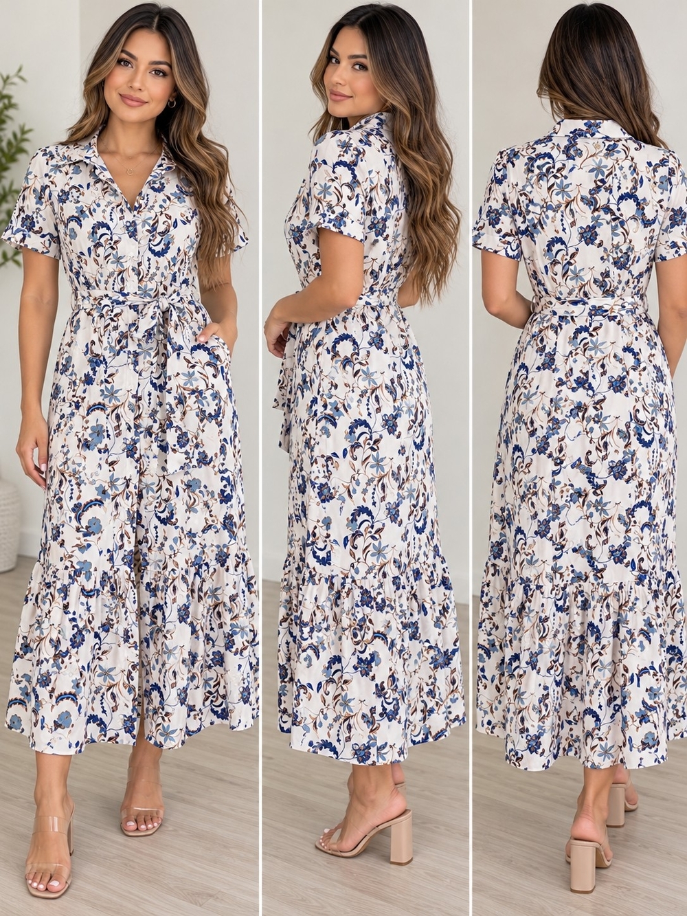 Sugarlips White Maxi Dress with Blue & Tan Floral Print